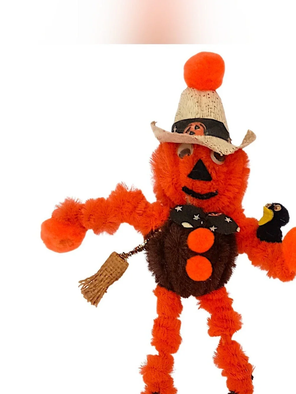 Vtg 70s Pumpkin Halloween Magnet Chenille Pipe Cleaner Scarecrow Googly Eyes